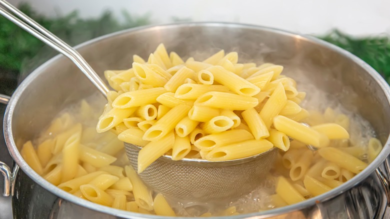 Cooked penne pasta in colander