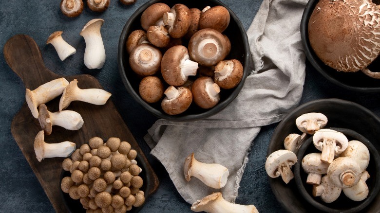 Various raw mushrooms on table