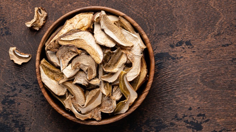 Dried porcini mushrooms in bowl