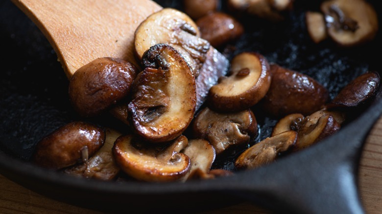 Caramelized mushrooms in pan