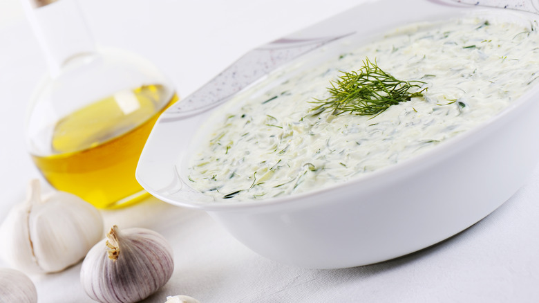 tzatziki in bowl with lemon