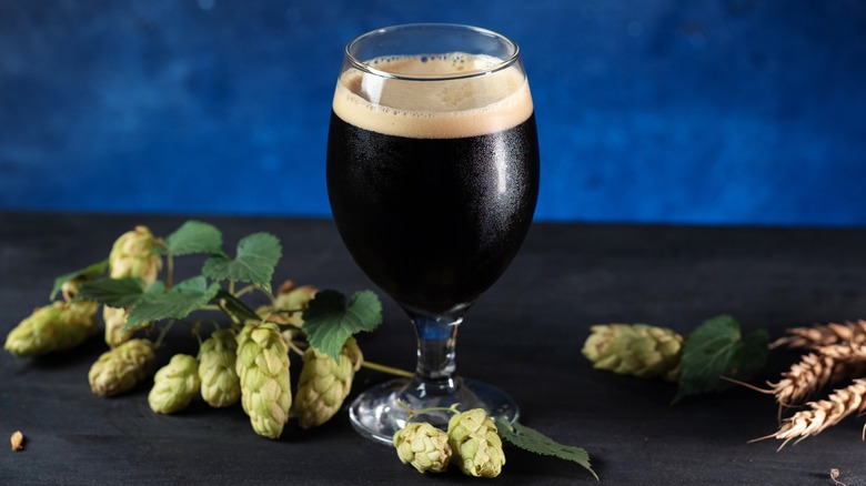 Glass of stout beer with hops and a blue background