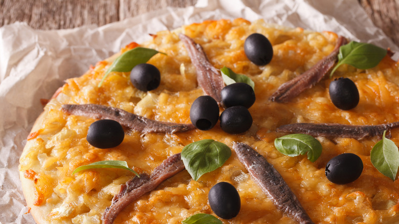 French Pissaladiere pizza with olives and anchovies