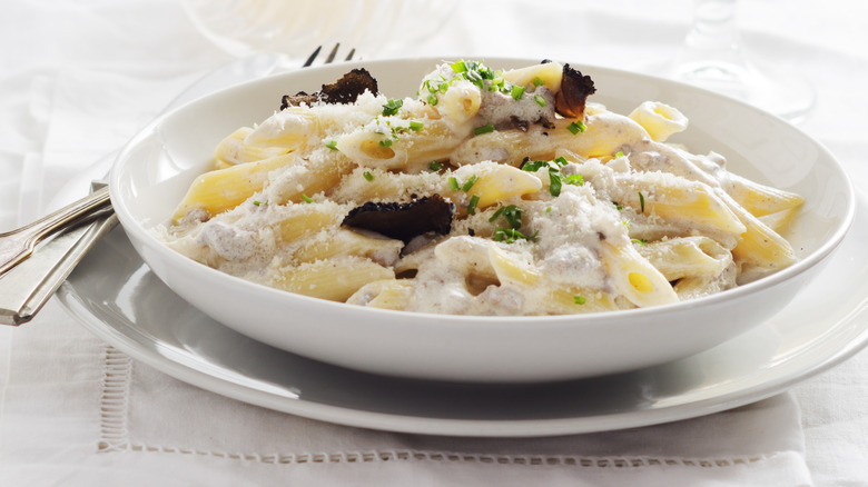 pasta alla norcina creamy dish with black truffles