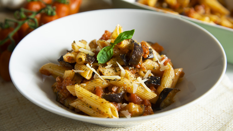 pasta alla norma eggplant tomato dish in bowl