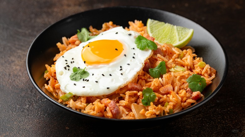 Korean fried rice with egg and bacon