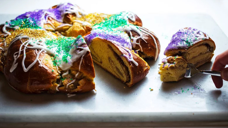 Bananas Foster king cake on marble surface