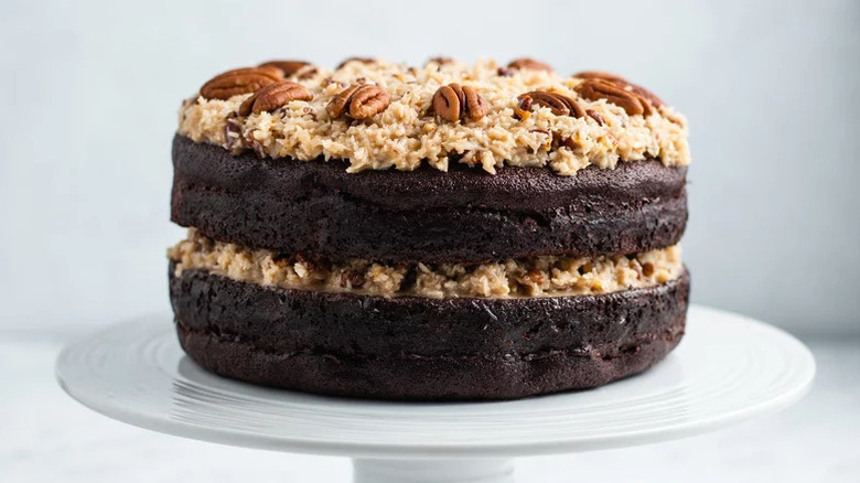 German chocolate cake on stand