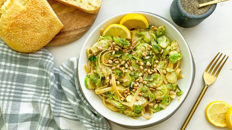 Brussels sprouts fettuccine on plate 