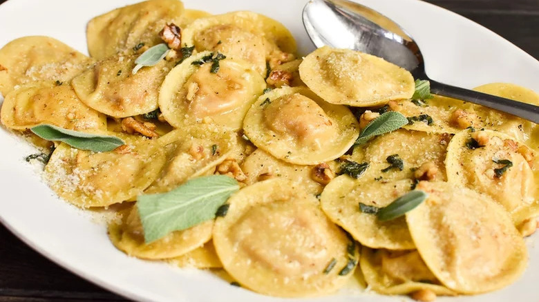 Ravioli on plate with spoon