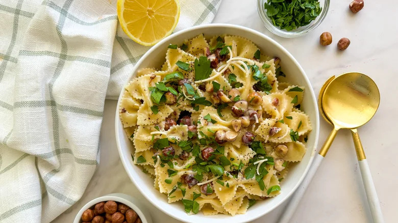 Hazelnut cream pasta in bowl 