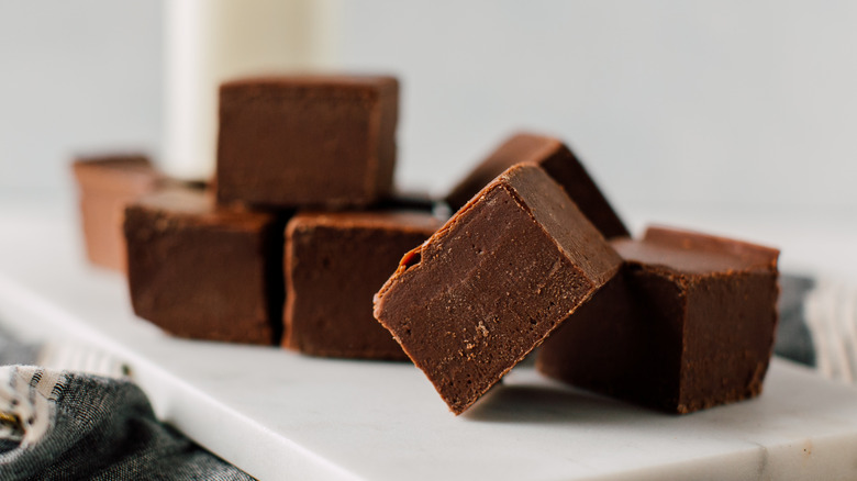 Cubed fudge on table