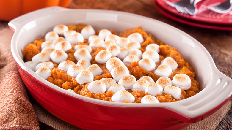 Sweet potato casserole on table