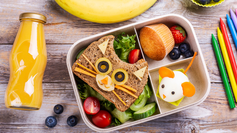 Packed lunch with sandwich and muffin