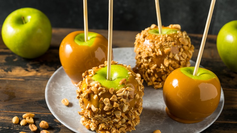 Caramel apples on plate