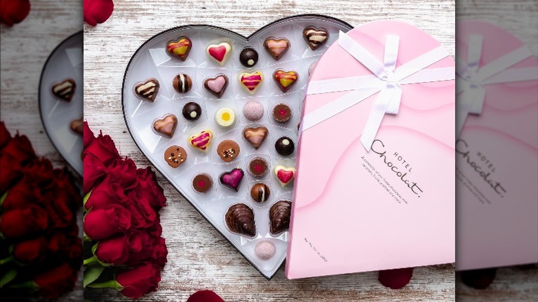 a heart-shaped box of hotel chocolat candies for valentine's day