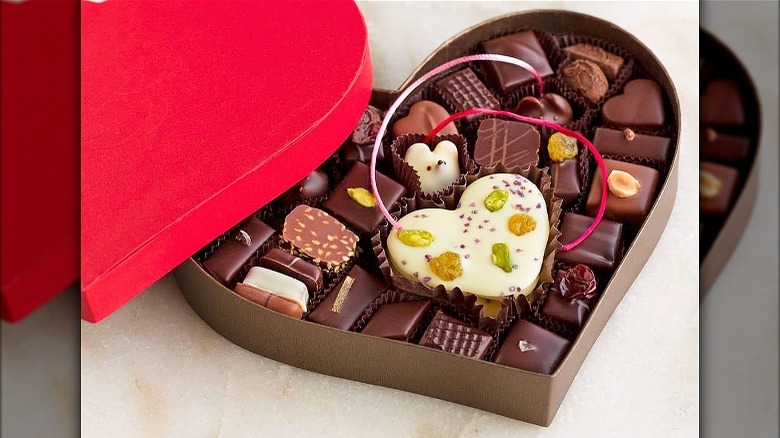 A heart-shaped box full of handmade L.A. Burdick chocolates