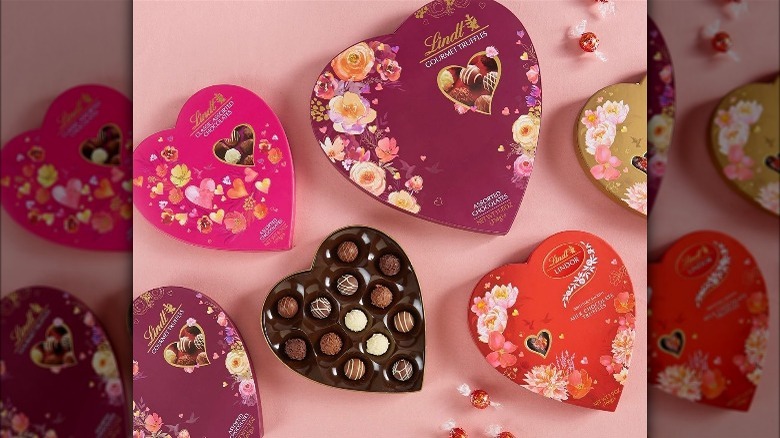 Heart-shaped boxes of Lindt lindor truffles for valentine's day