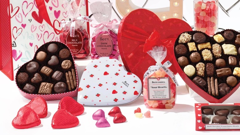 A selection of See's candies valentine's day chocolates and gifts