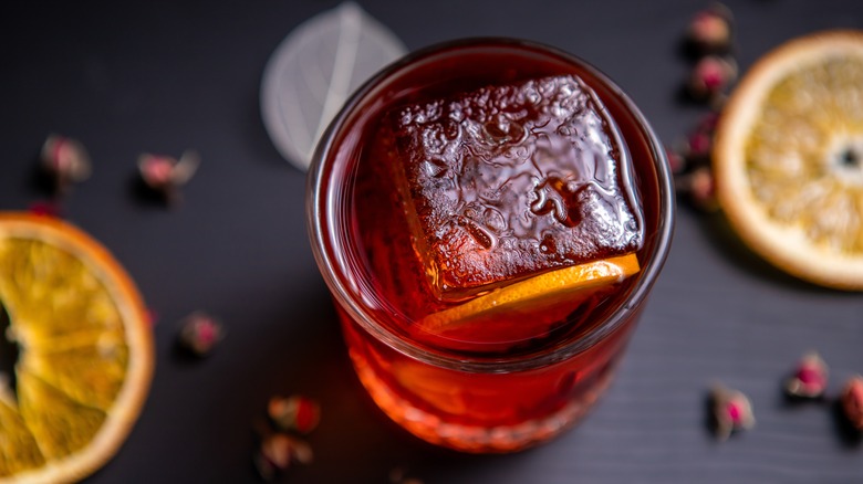 Negroni cocktail with a large ice cube