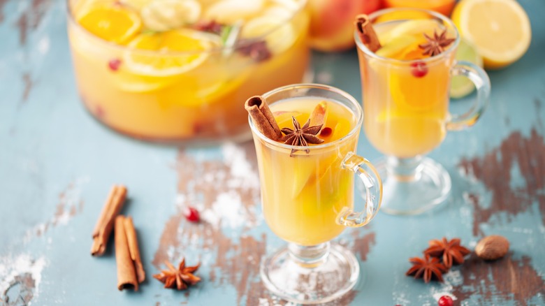 Two glasses of hot mulled cider with garnishes