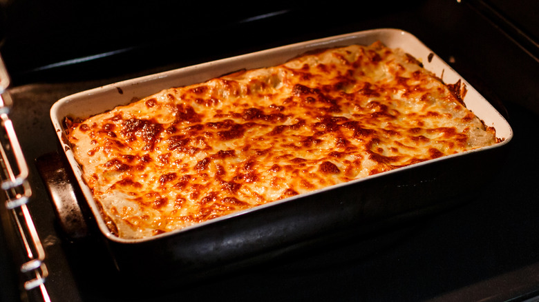 baked lasagna in oven