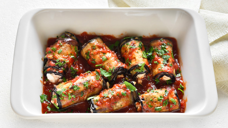 stuffed eggplant rolls in dish