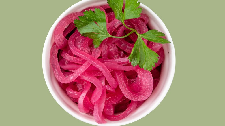 Pickled red onions in bowl