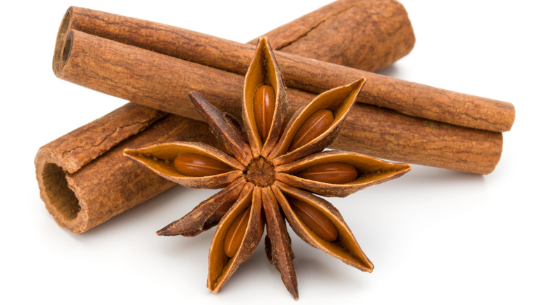 Cinnamon sticks star anise white