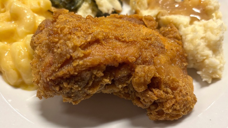 Golden Corral fried chicken on white plate