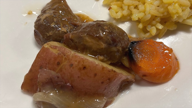 Golden Corral pot roast on white plate