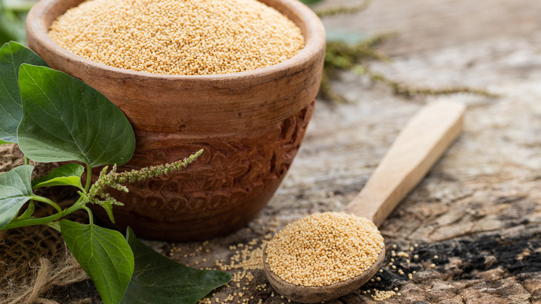 wooden bowl and spoon with amaranth