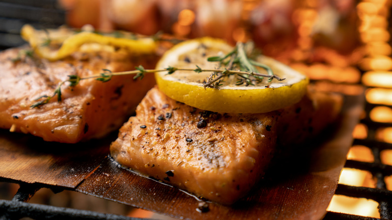 cedar plank grilled salmon with lemon and thyme