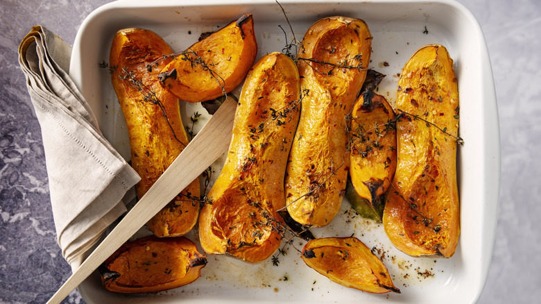 roasted butternut squash sections with herbs