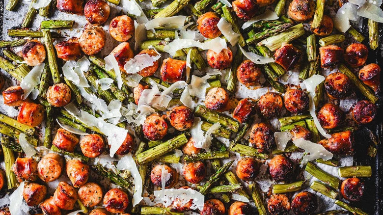 Chicken Sausage and Asparagus Sheet-Pan Dinner on metal pan