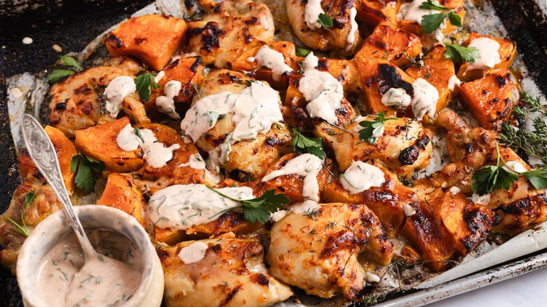Sheet-Pan Maple-Glazed Chicken Thighs and Butternut Squash with side of sauce