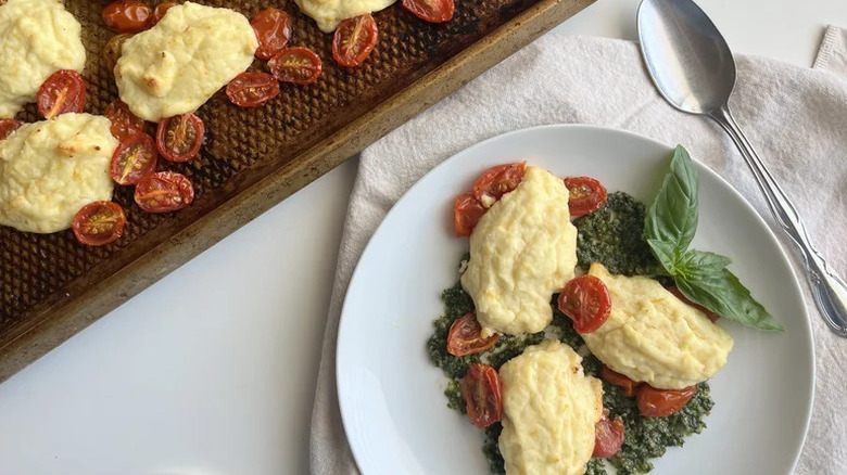 Sheet Pan Ricotta Gnudi on sheet pan and white plate