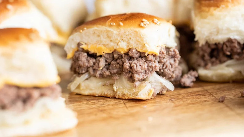 Sheet Pan Sliders close up on wooden cutting board