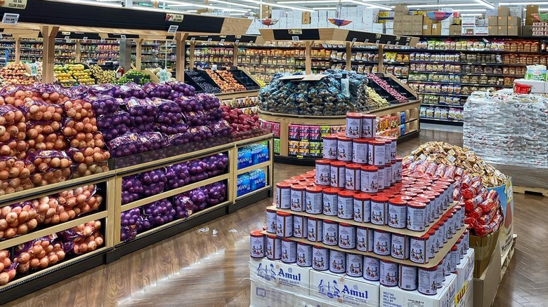 Groceries stacked on counters