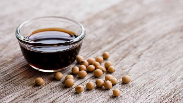 soy sauce in glass bowl