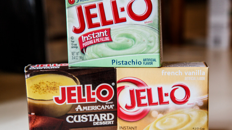 Stacks of instant pudding boxes