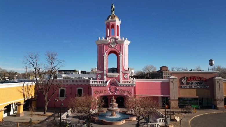 Bright pink building with tower