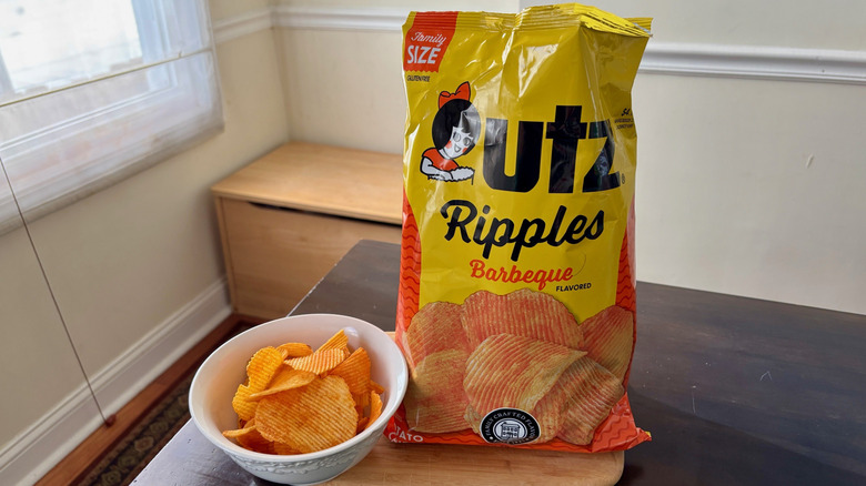 Bowl of Barbeque Ripples chips next to open bag