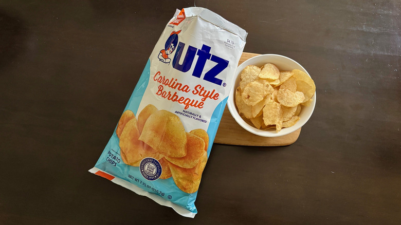 Bowl of Carolina Style Barbeque chips next to open bag