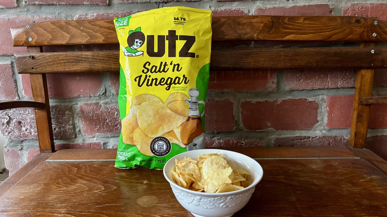 Bag of Utz Salt & Vinegar chips and full bowl