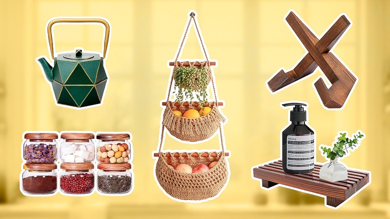 Assortment of aesthetically pleasing kitchen counter decorations against a yellow-filtered kitchen backdrop