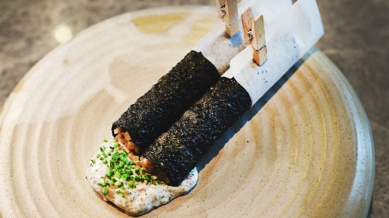 Yellowtail Kimbap on earthenware platter