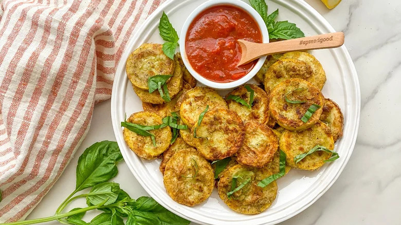 fried squash with red sauce