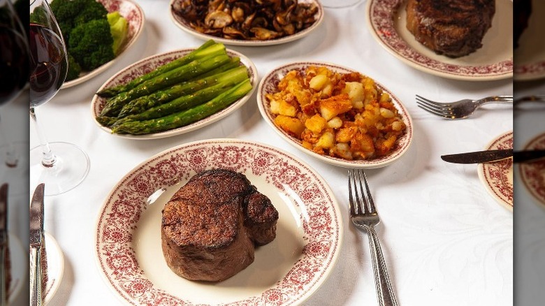 steak, asparagus, potatoes