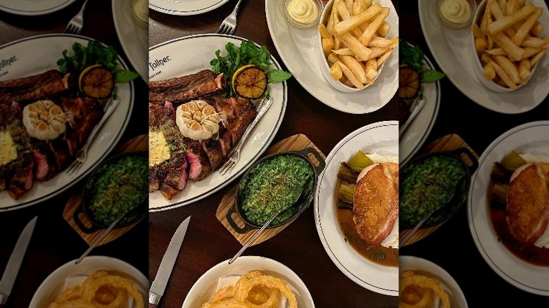 steak, creamed spinach, fries